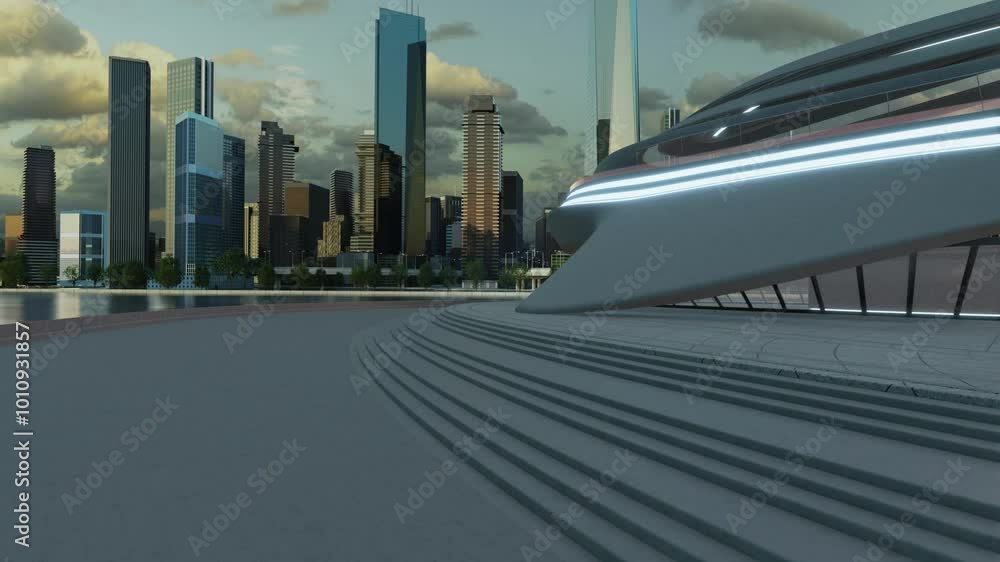 Poster 3d rendering of a futuristic cityscape with modern architecture and skyscrapers at dusk
