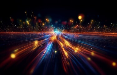 Fototapeta premium Bright streaks of light converge from a distant point, illuminating a dark background.