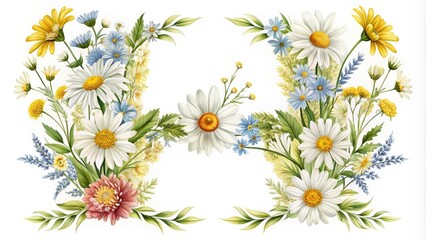 This elegant vector monogram "H" features hand-drawn chamomiles and wildflowers, perfect for custom designs and personalized touches, adding unique flair to various projects.