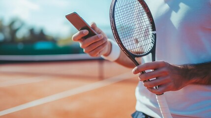 Man holding tennis racket and smartphone on outdoor court. Sports technology, fitness tracking, athletic performance, modern tennis gear, healthy lifestyle concept.