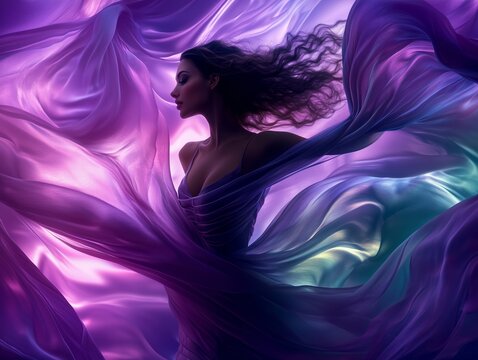 Surreal Portrait of a Beautiful Woman in Flowing Dress with Dreamy Colors