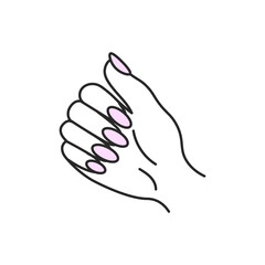 Fototapeta premium Female Hand with Elegant Manicure Icon. Woman gesture with pink polished nails. Outline isolated vector illustration in doodle style