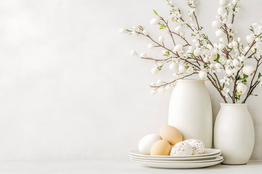 Elegant easter decor with cotton branches and eggs on minimalistic background