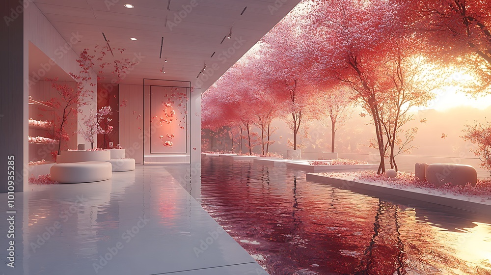 Poster modern architecture with a pool surrounded by pink trees.