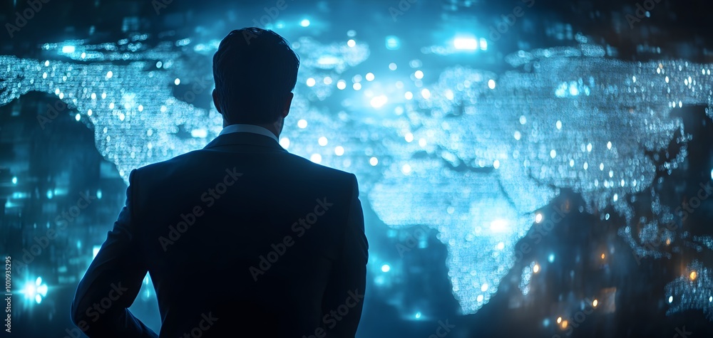 Poster a professional contemplating data insights from a digital world map, showcasing technology and globa