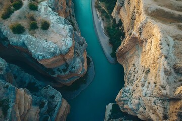 Naklejka premium A Beautiful View of a Canyon, Blue Water River Between the Canyon