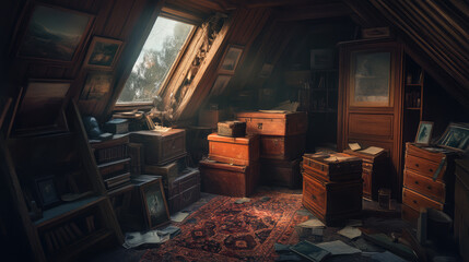 Fototapeta premium The eerie wood house attic is filled with forgotten trunks and strange objects, shrouded in a cold atmosphere that heightens the sense of unease.
