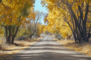 Obraz premium Both Side of the Country Road Shaded by Yellow Trees, Landscape Photography