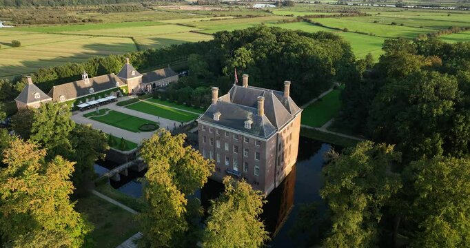 Amerongen Castle, place for weddings, monumental castle near Utrecht, The Netherlands. Aerial droen view.