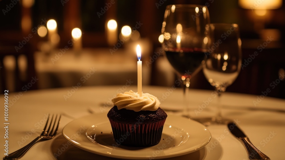 Sticker A candle-lit cupcake on a dining table, symbolizing celebration or special occasion.