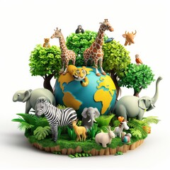 Cartoon 3D World Wildlife Conservation Day includes various types of wild animals. Isolate A white background surrounds the main subject