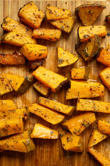 Home made, oven roasted and seasoned pumpkin. Close up shot, top view, no people