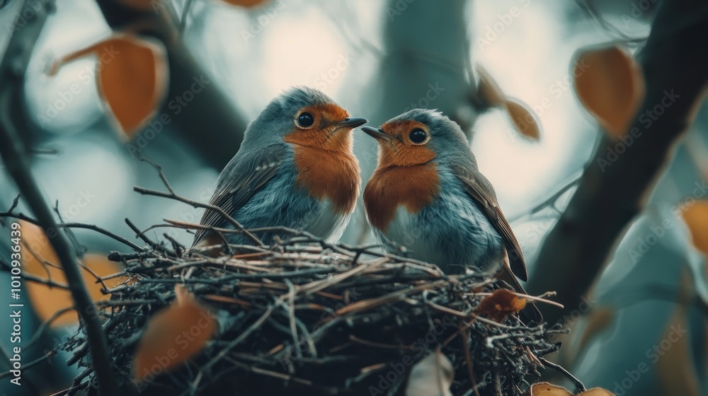 Poster Two birds perched on a nest surrounded by autumn leaves, symbolizing love and nature.