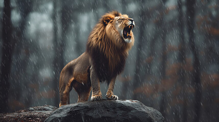 Fototapeta premium Lion roaring on top of the rock in a rain , Lion roaring on the cliff, The Majestic Lion's Commanding Presence on the Hill 