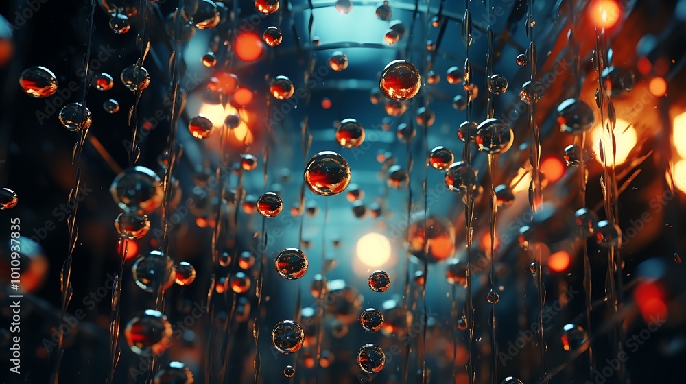 Poster abstract image of water droplets falling in a dark environment with glowing lights.
