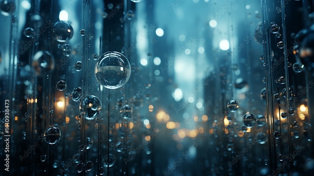 Poster abstract 3d rendering of glowing water droplets suspended in a dark and futuristic environment.