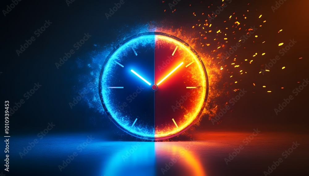 Poster a captivating clock design featuring contrasting blue and orange elements, symbolizing time and dual