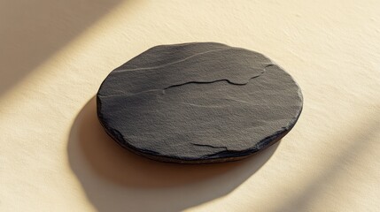 Naklejka premium Black Slate Coaster on Beige Background