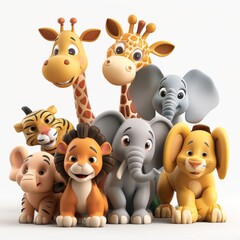 Naklejka premium Cartoon 3D World Wildlife Conservation Day includes various types of wild animals. Isolate A white background surrounds the main subject