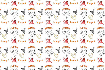 Halloween. Pattern of attributes of the autumn holiday: white ghost and triangular flags, pointed black hat and red fly agaric. Watercolor hand-drawn illustration on a white background for your design