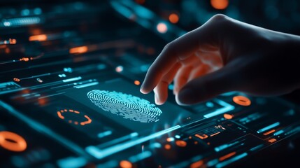Digital Fingerprint Authentication, a human fingertip poised above a glowing touchscreen displaying an intricate fingerprint graphic amidst futuristic interface elements.