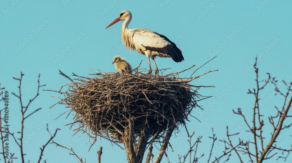 Canvas Prints A stork and its chick perched in a nest against a clear sky.