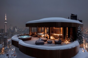 A stunning penthouse features a luxurious jacuzzi overlooking a snowy skyline. The ambiance reflects opulence and serenity for ultimate relaxation and indulgence.