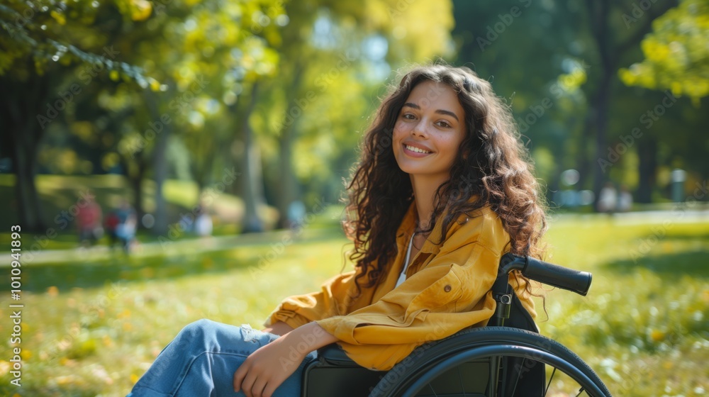 Wall mural a young woman in a wheelchair enjoys the summer in a vibrant park. the portrait highlights her joy a