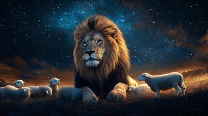 This image shows a powerful lion sitting protectively among a group of sheep under a stunning starry night sky ,The image may symbolize leadership, protection of the vulnerable