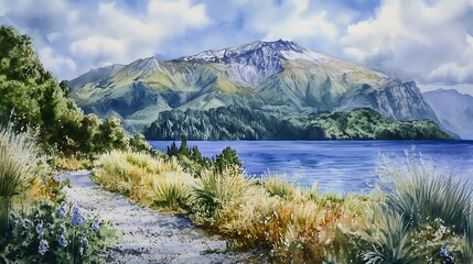 Watercolor Painting of a Scenic Mountain Lake Landscape.