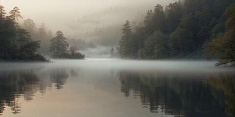 Fototapeta premium Misty Morning Reflection Over a Serene Lake in a Forested Valley.