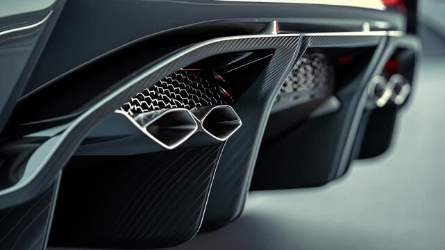 Sleek black sports car with carbon fiber diffuser, showcasing aggressive lines and impressive power. Exudes luxury and speed with modern design elements