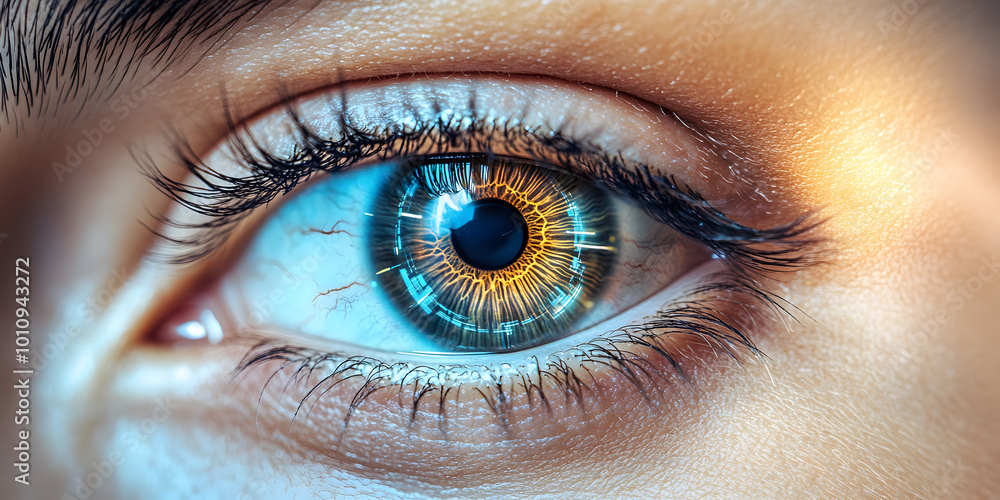 Poster close-up view of a human eye showing enhancement and observation with computer vision technology, ey
