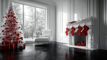 fireplace with christmas tree and decorations