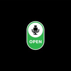Fototapeta premium Barbershop Door Sign: Open Sign with Barber Chair Illustration for Entry
