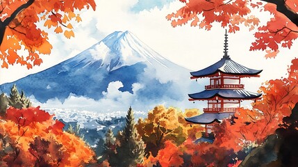 Watercolor Painting of Mount Fuji and a Pagoda in Autumn.