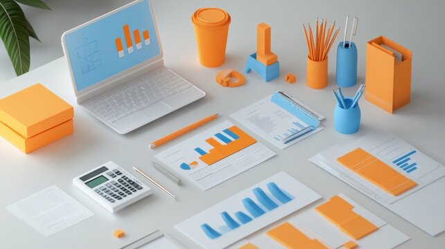 A workspace featuring charts, a laptop, and office supplies for data analysis.