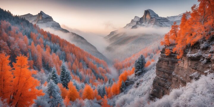 Peaks prowling orange rushing covered forest view weaving fog leaf forest through cardinal canyon around soaring frosty view leaves covered.