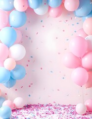 pink and blue balloons and confetti background with copy space for festive gender reveal party or baby shower backdrop