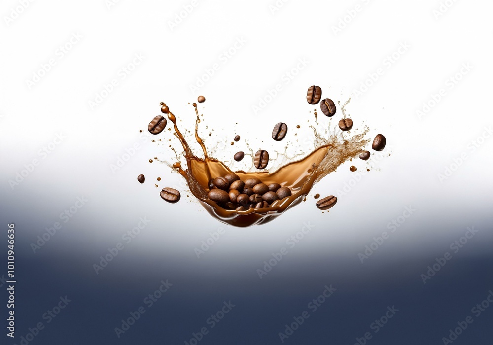 Poster a splash of coffee with beans flying out in a burst of movement against a white and blue background.