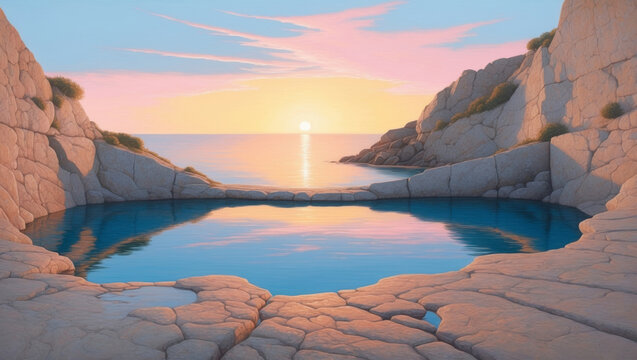 Sunrise Over a Natural Rock Pool on a Coastal Cliff.