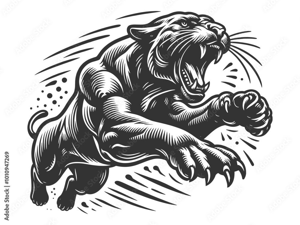 Poster jumping running panther, emphasizing its muscular build and agility. tattoo design sketch engraving 