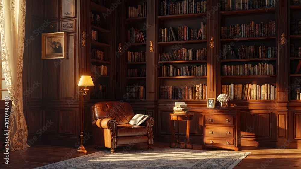 Poster A cozy library with wooden shelves, a leather chair, and warm lighting for reading.