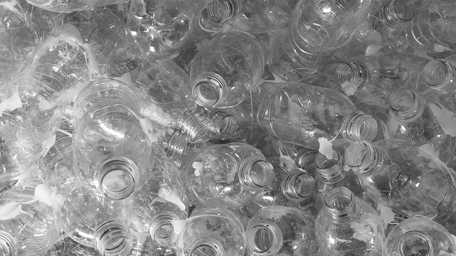 Pile of Empty Plastic Water Bottles, Recycled clear plastic bottles, Group of plastic drink water bottles for recycling. Black and white