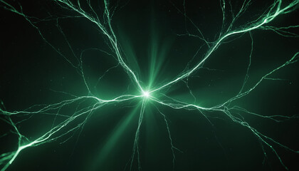 Abstract brain connections, neural connections, artificial intelligence glow aurora art, biology visualized in green