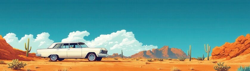 Fototapeta premium Vintage Car in Desert Landscape with Clear Blue Sky and Rocky Formations in the Background