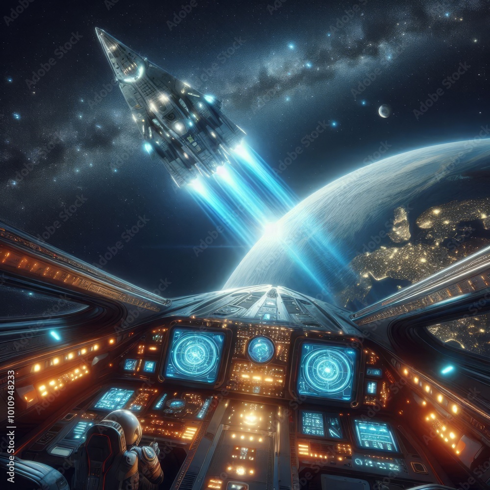 Poster view from the cockpit of a futuristic spaceship launching into space, showcasing advanced technology
