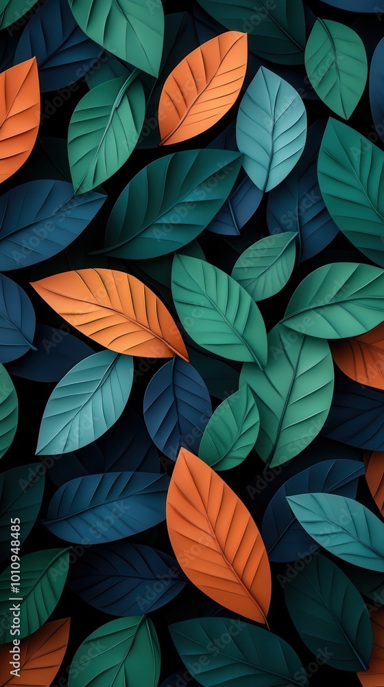 Wall mural Abstract Teal and Orange Leaf Pattern.