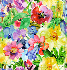 seamless digital watercolor flower pattern on textures background