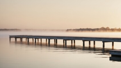 Obraz premium Wooden pier extending over calm water at sunrise with mist and soft lighting.